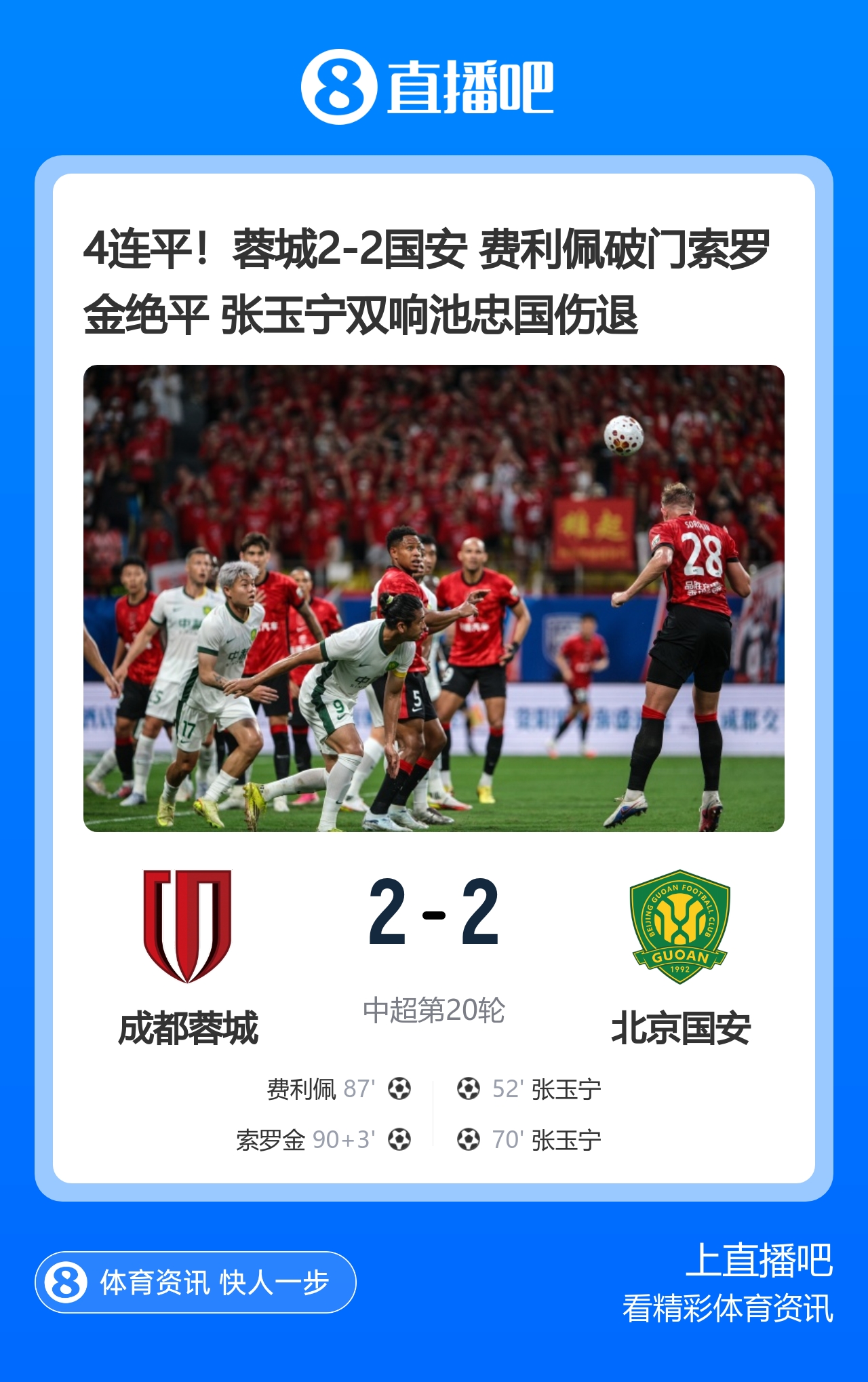 张玉宁双响难救主，蓉城补时绝平国安4连平